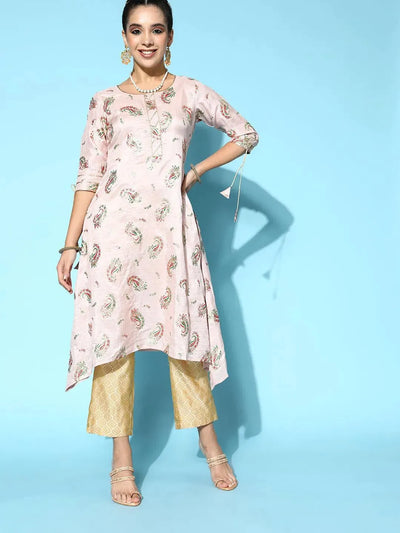 Pink Printed Silk A-Line Kurta - Libas