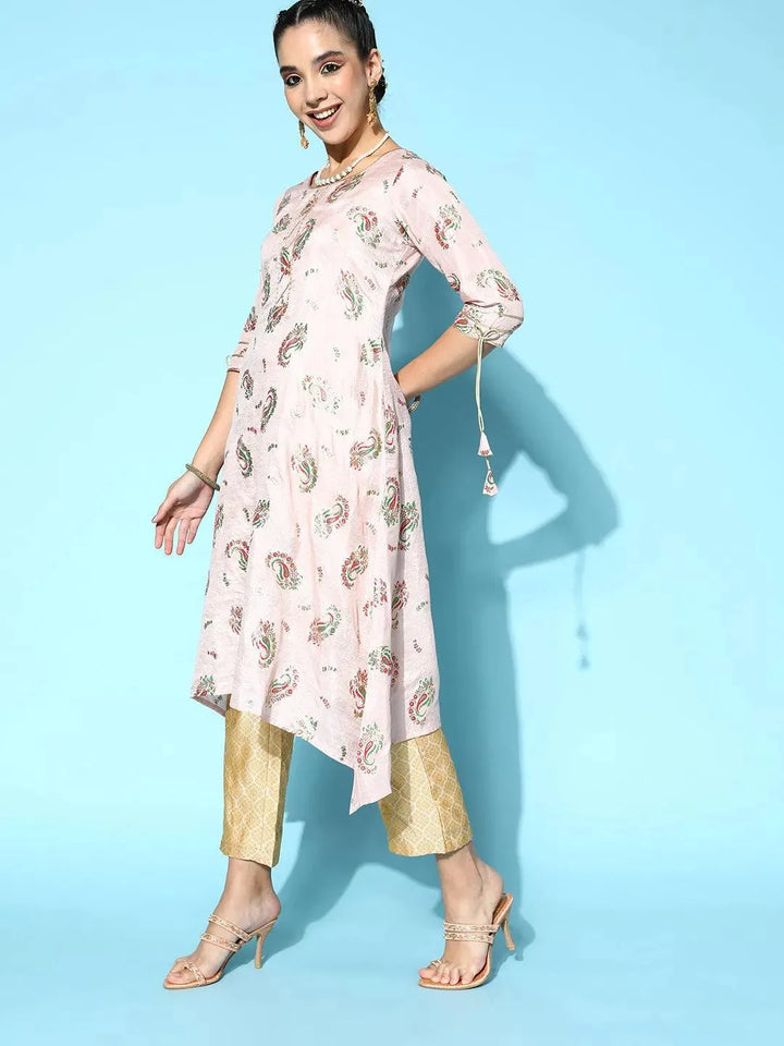 Pink Printed Silk A-Line Kurta - Libas