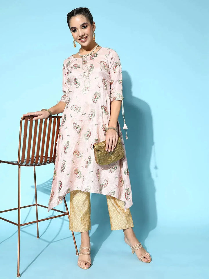 Pink Printed Silk A-Line Kurta - Libas