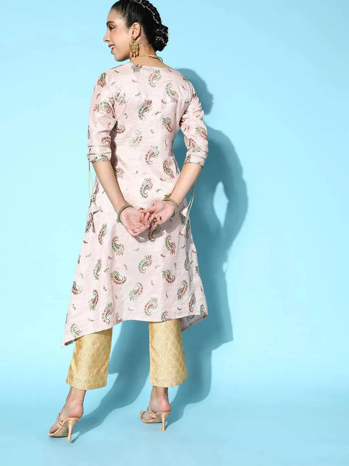 Pink Printed Silk A-Line Kurta - Libas
