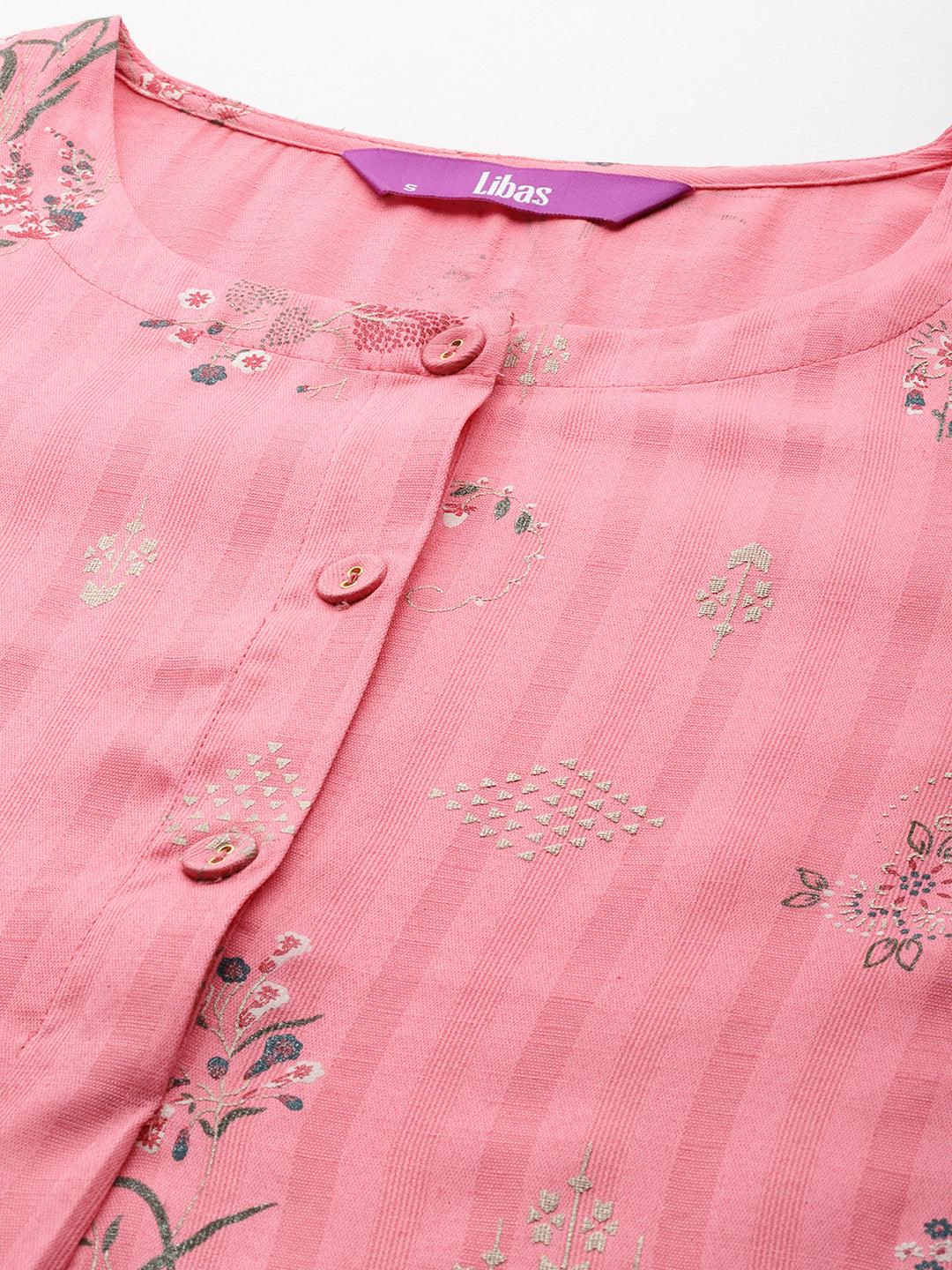 Pink Printed Silk A-Line Kurta