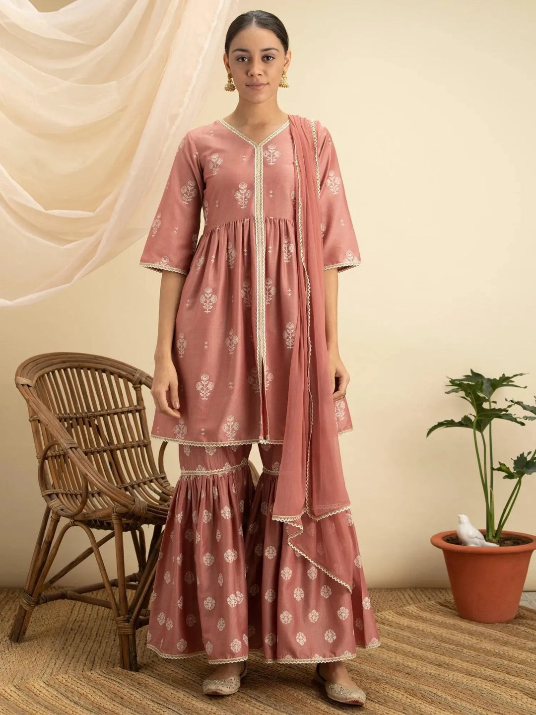 Pink Printed Silk Suit Set - Libas 