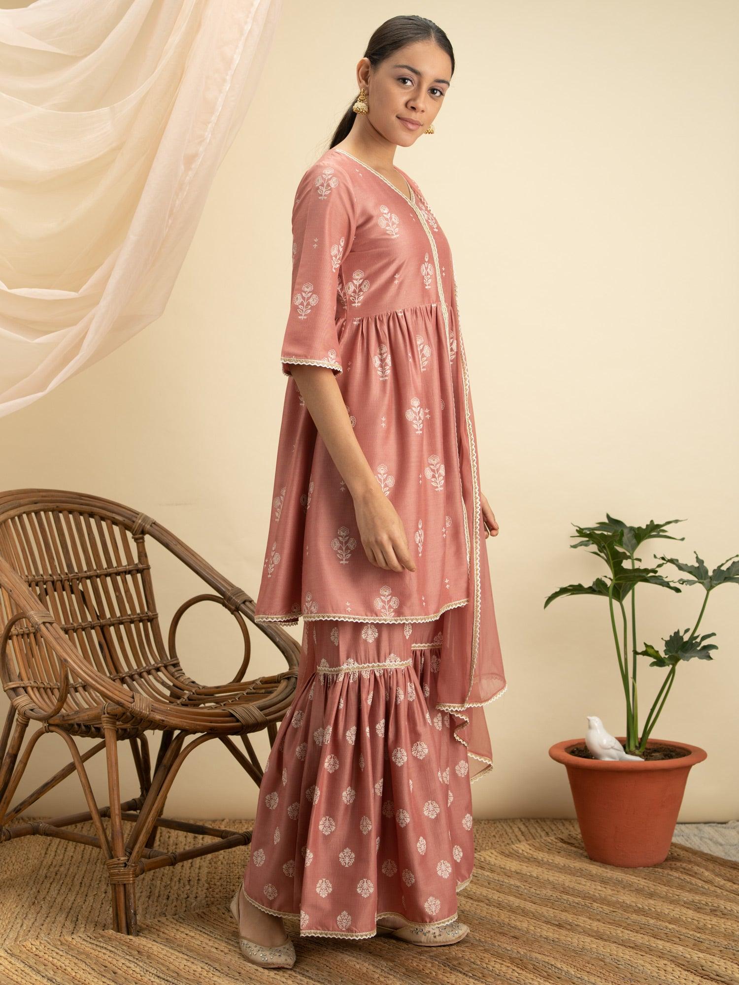 Pink Printed Silk A-Line Kurta With Sharara & Dupatta
