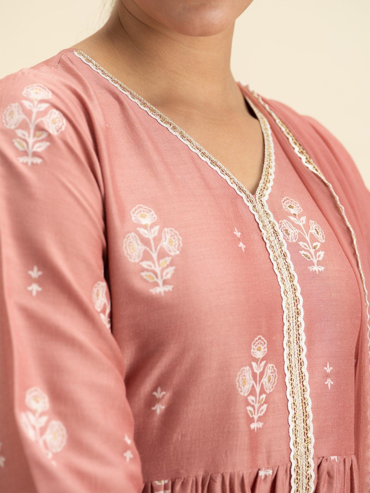 Pink Printed Silk A-Line Kurta With Sharara & Dupatta