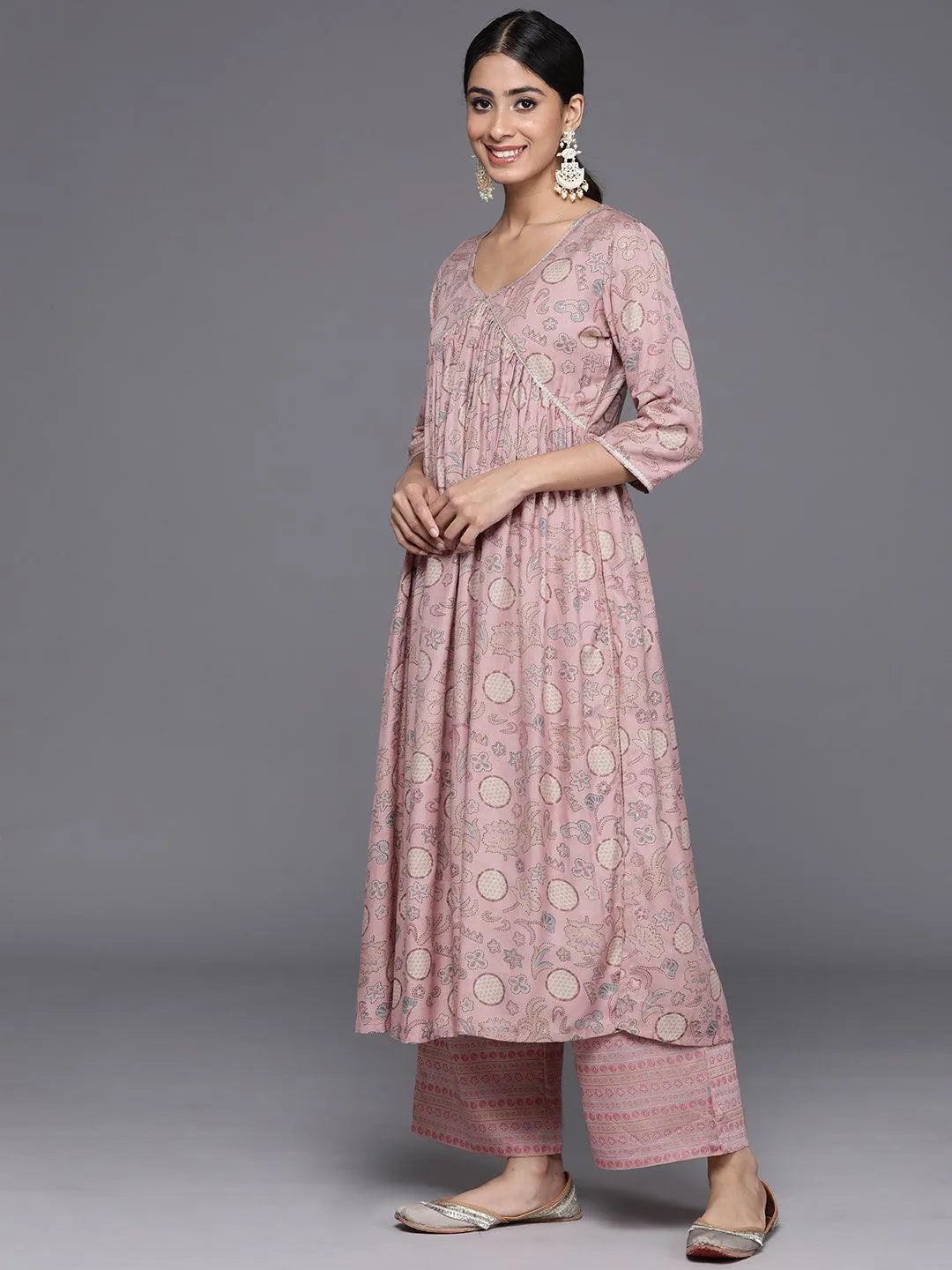 Pink Printed Silk Blend A-Line Kurta With Trousers & Dupatta - Libas 