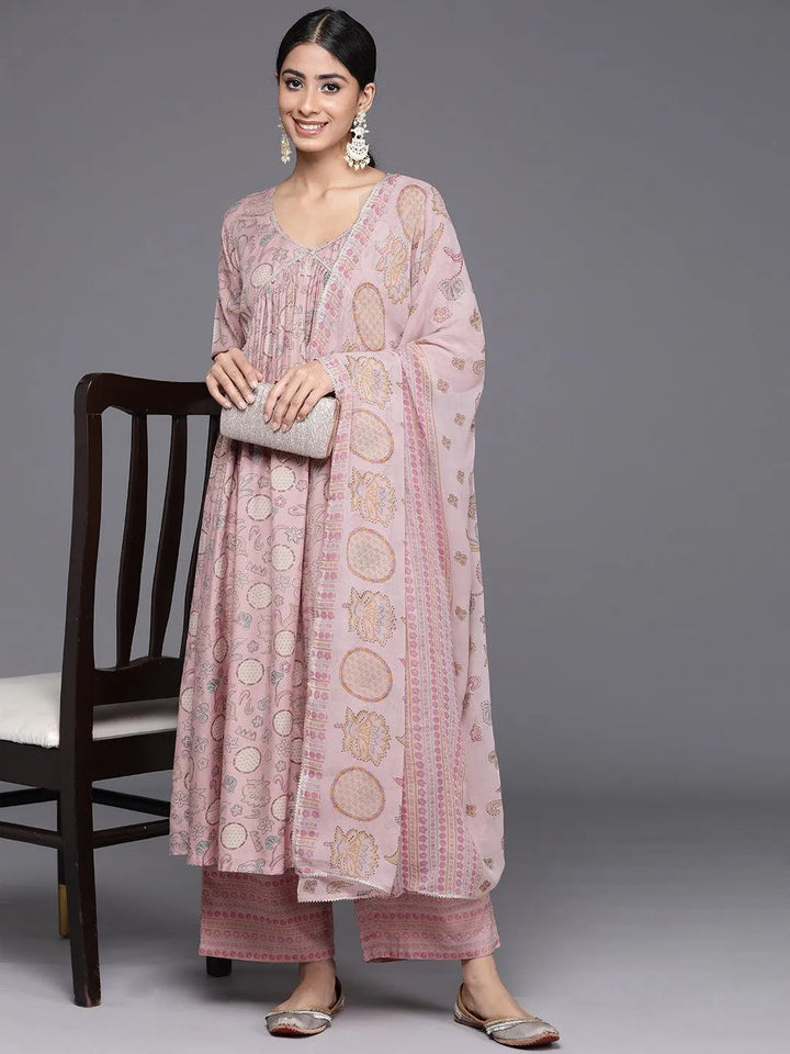 Pink Printed Silk Blend A-Line Kurta With Trousers & Dupatta - Libas