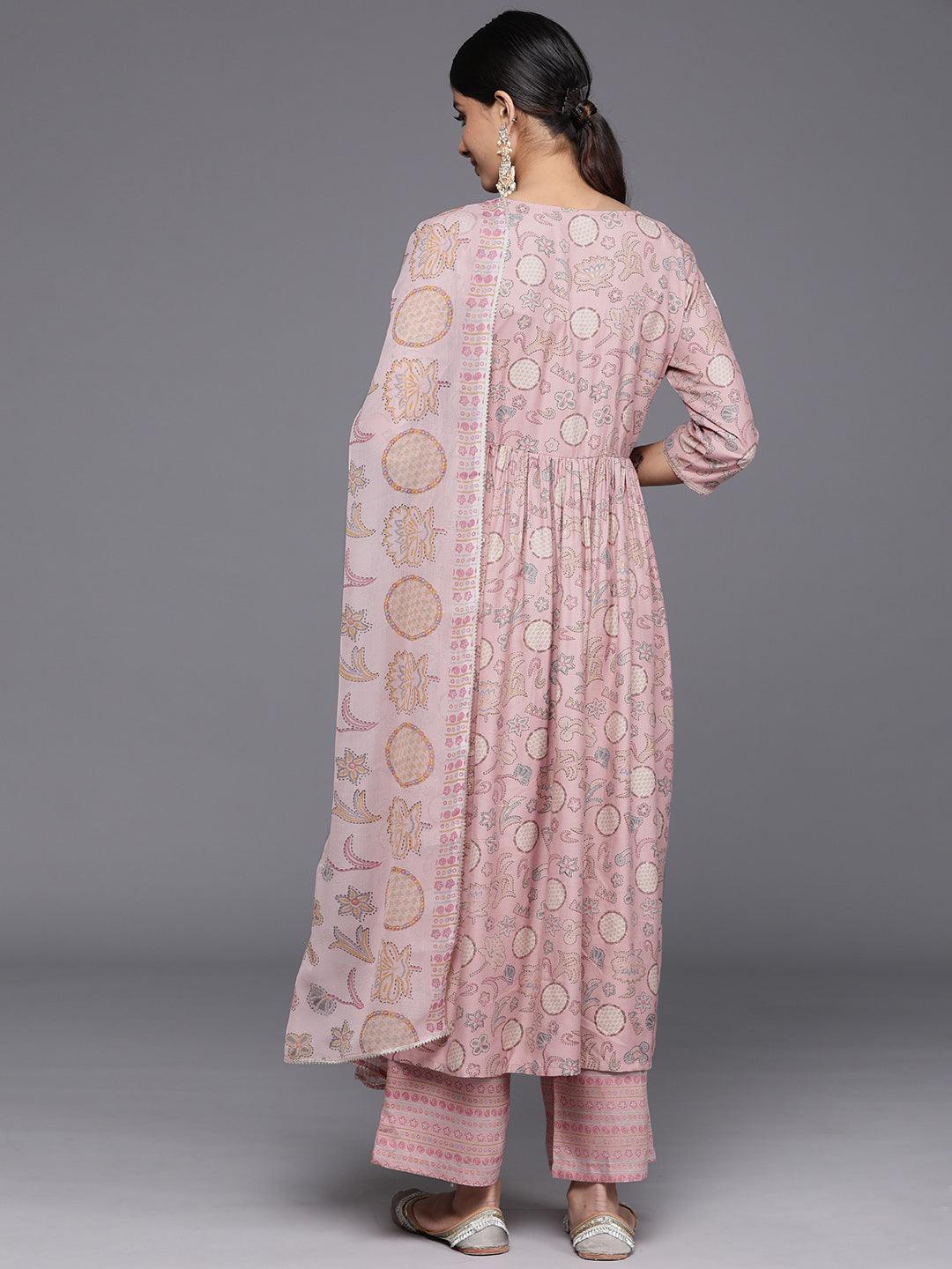 Pink Printed Silk Blend A-Line Kurta With Trousers & Dupatta - Libas