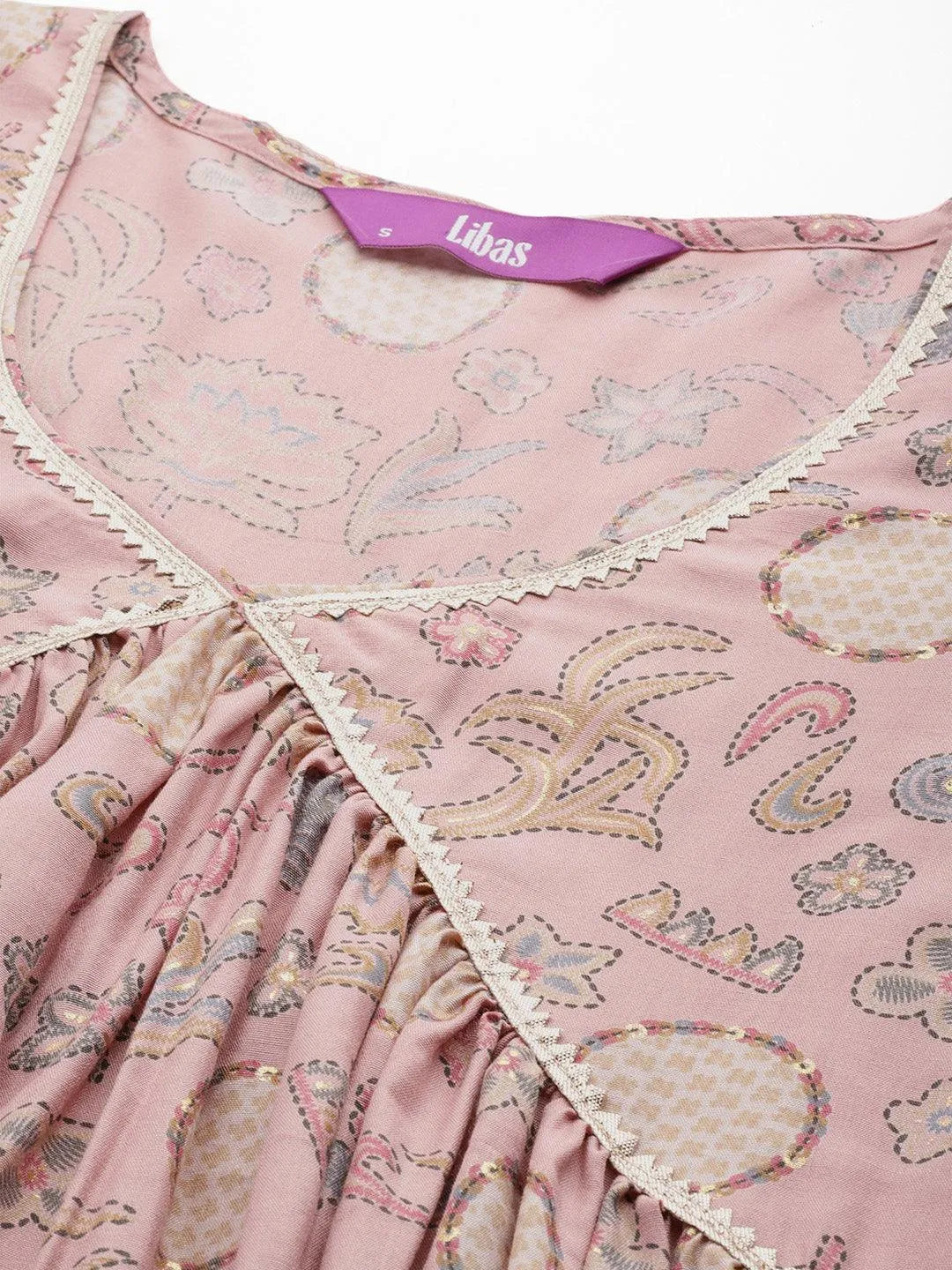 Pink Printed Silk Blend A-Line Kurta With Trousers & Dupatta - Libas 