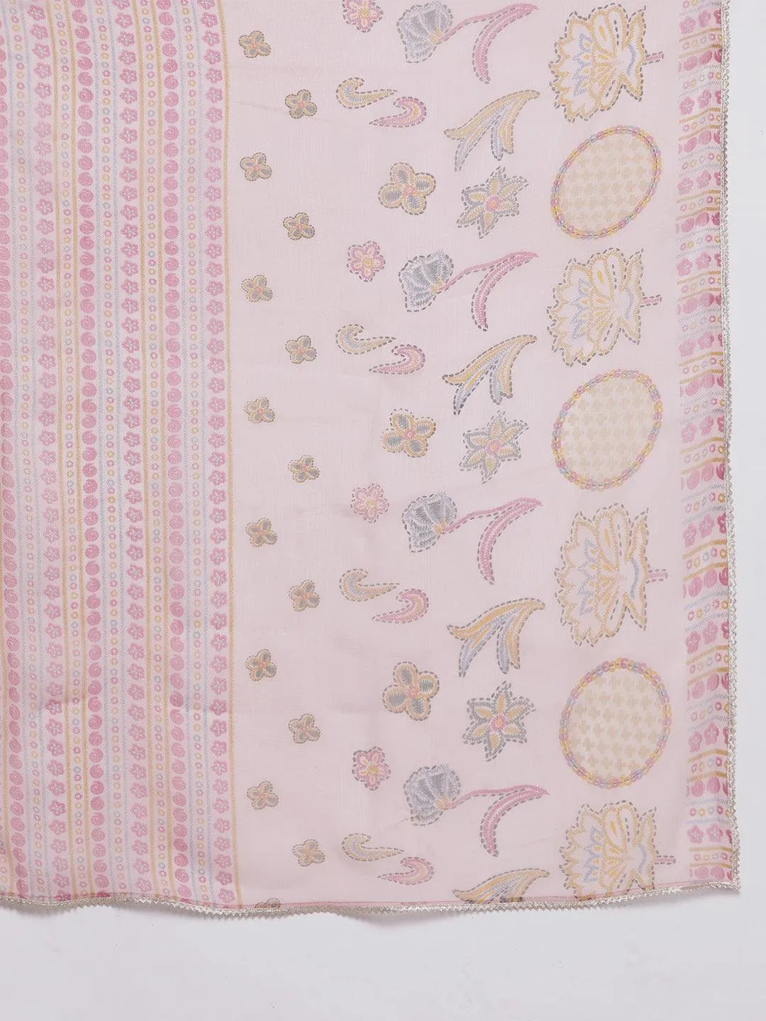 Pink Printed Silk Blend A-Line Kurta With Trousers & Dupatta - Libas 