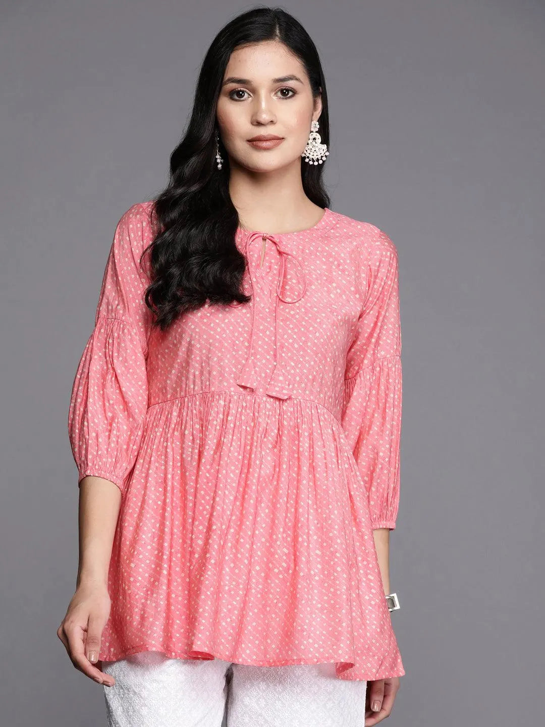 Pink Printed Silk Blend A-Line Kurti - Libas