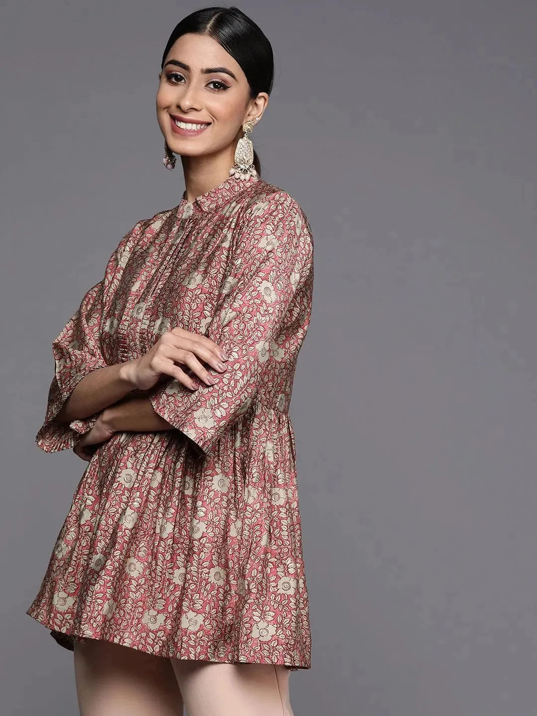 Pink Printed Silk Blend A-Line Kurti - Libas