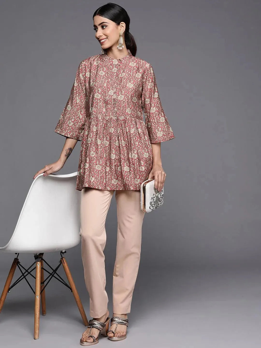 Pink Printed Silk Blend A-Line Kurti - Libas