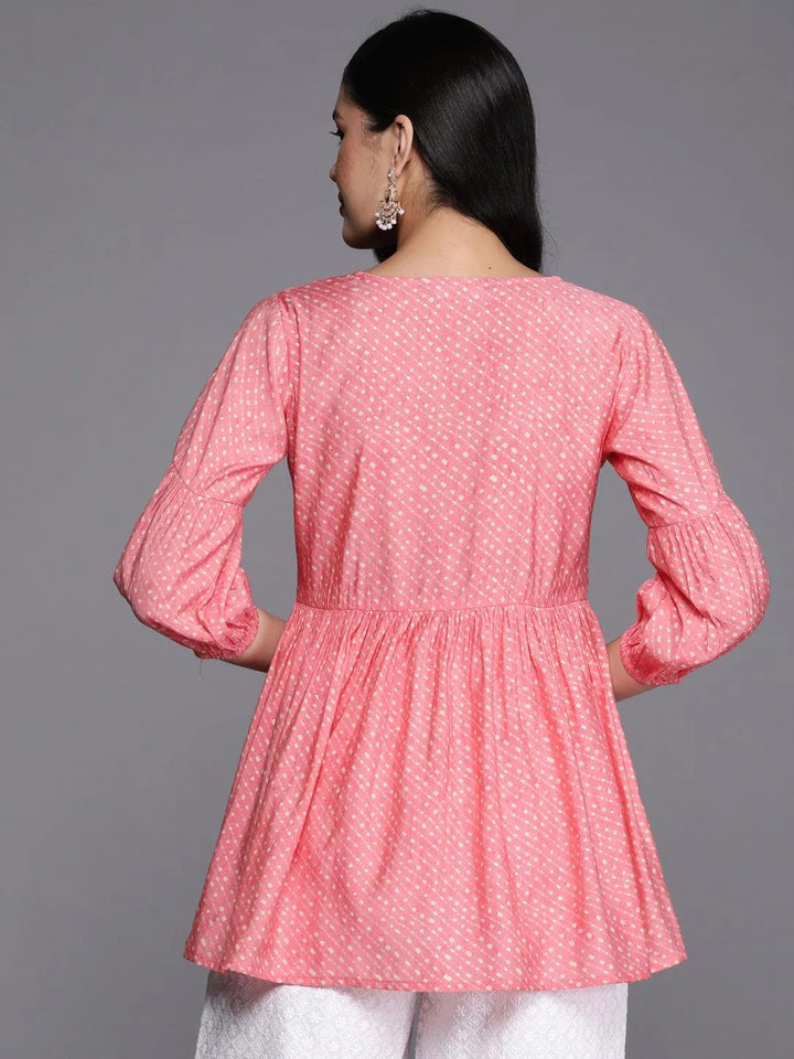 Pink Printed Silk Blend A-Line Kurti - Libas