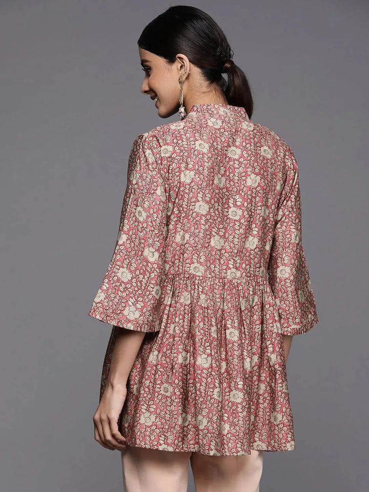 Pink Printed Silk Blend A-Line Kurti - Libas