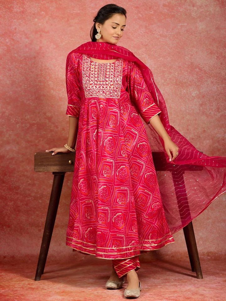 Pink Printed Silk Blend Anarkali Kurta With Trousers & Dupatta - Libas