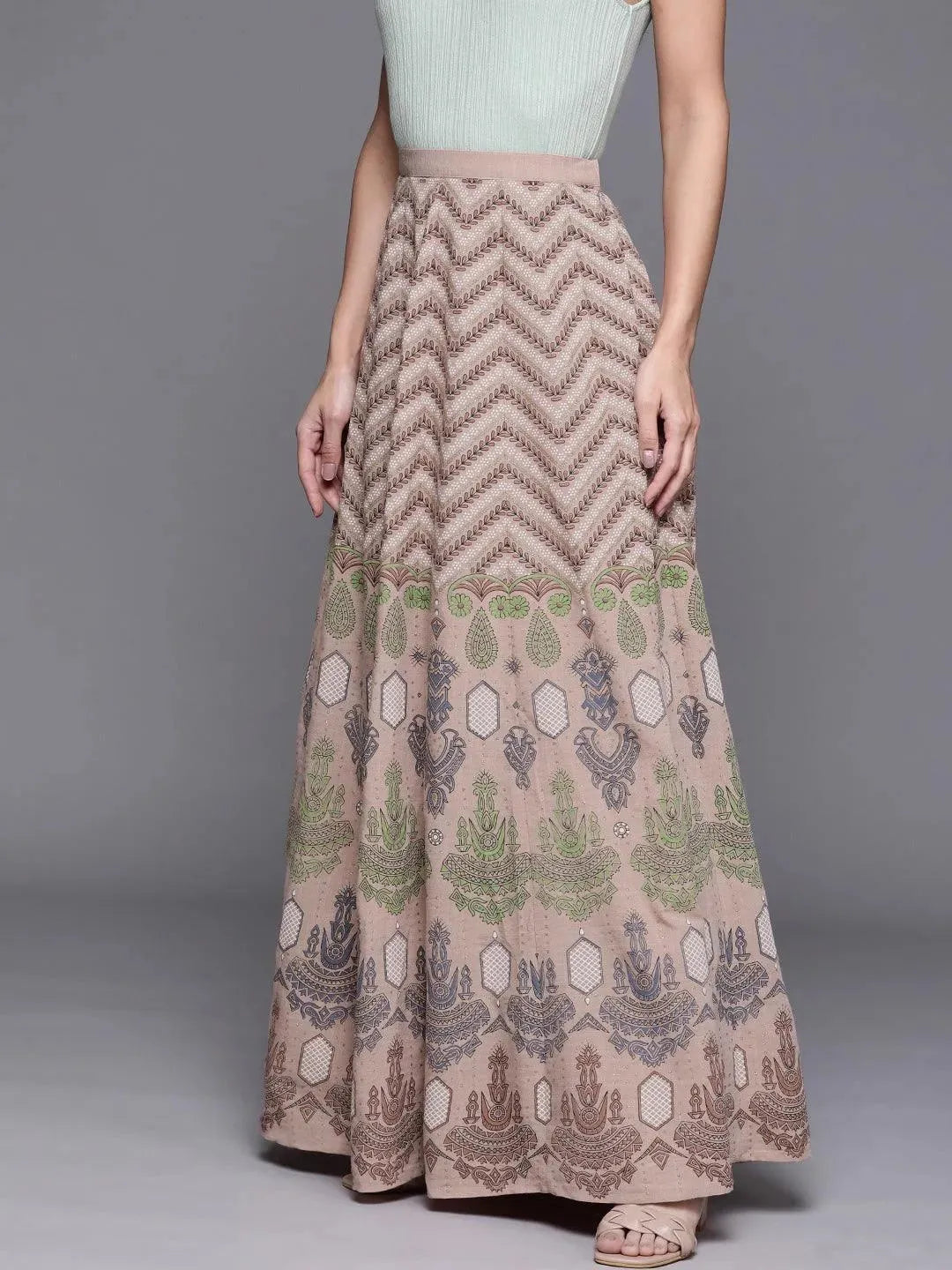 Pink Printed Silk Blend Flared Skirt - Libas 