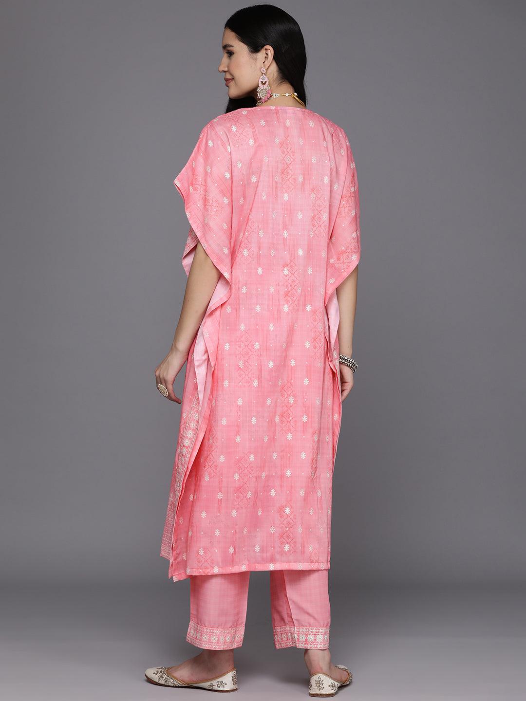 Pink Printed Silk Blend Kaftan Kaftan With Trousers