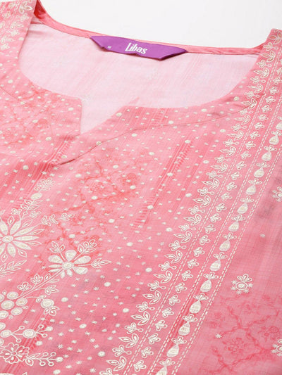 Pink Printed Silk Blend Kaftan Kurta Set With Trousers - Libas