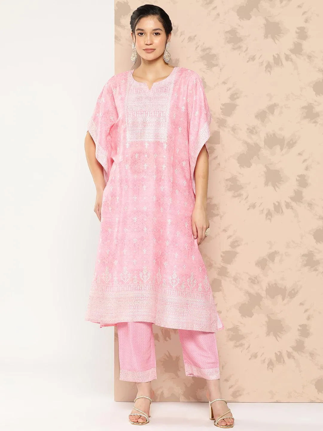 Pink Printed Silk Blend Kaftan Kurta With Trousers - Libas