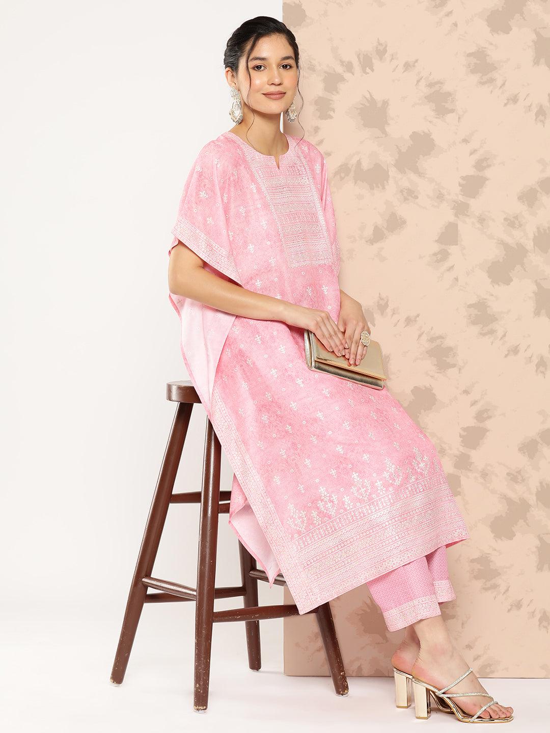 Pink Printed Silk Blend Kaftan Kurta With Trousers
