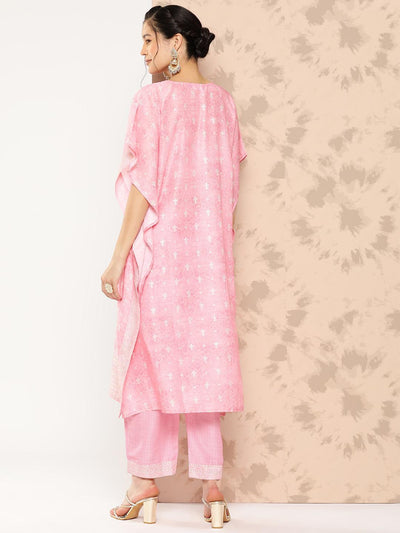 Pink Printed Silk Blend Kaftan Kurta With Trousers - Libas