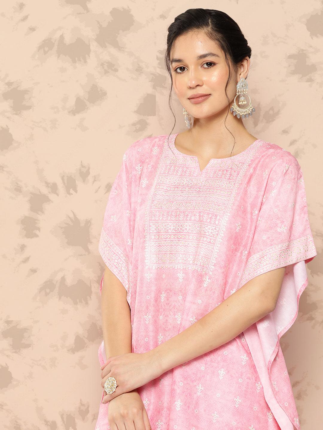 Pink Printed Silk Blend Kaftan Kurta With Trousers