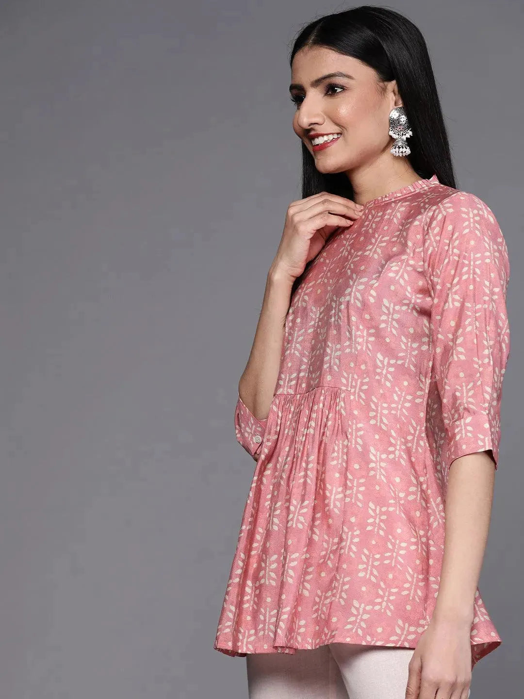 Pink Printed Silk Blend Kurti - Libas