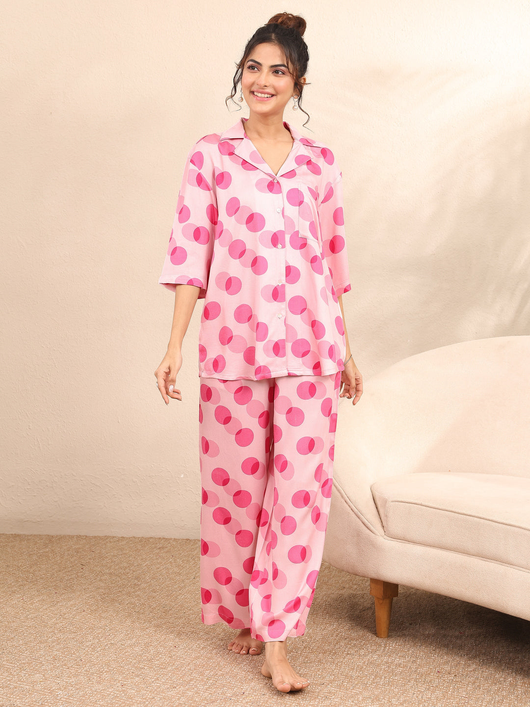 Pink Printed Silk Blend Night Suit