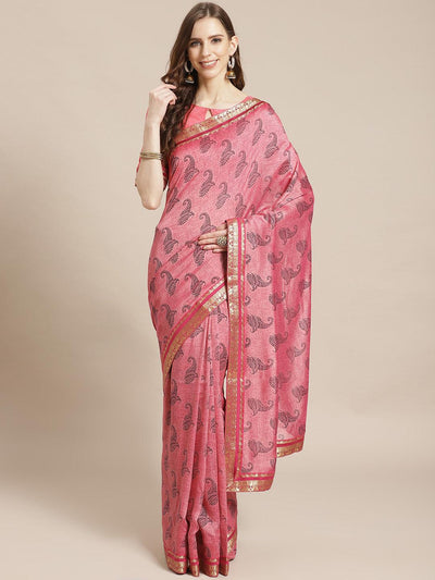 Pink Printed Silk Blend Saree - Libas