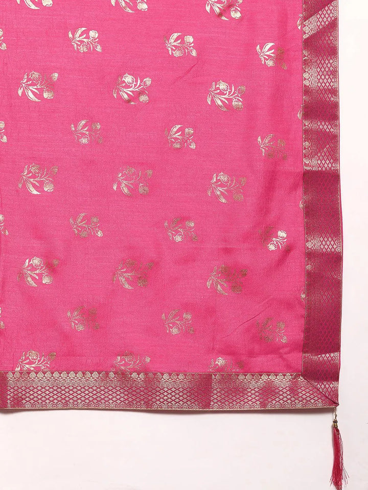 Pink Printed Silk Blend Saree - Libas