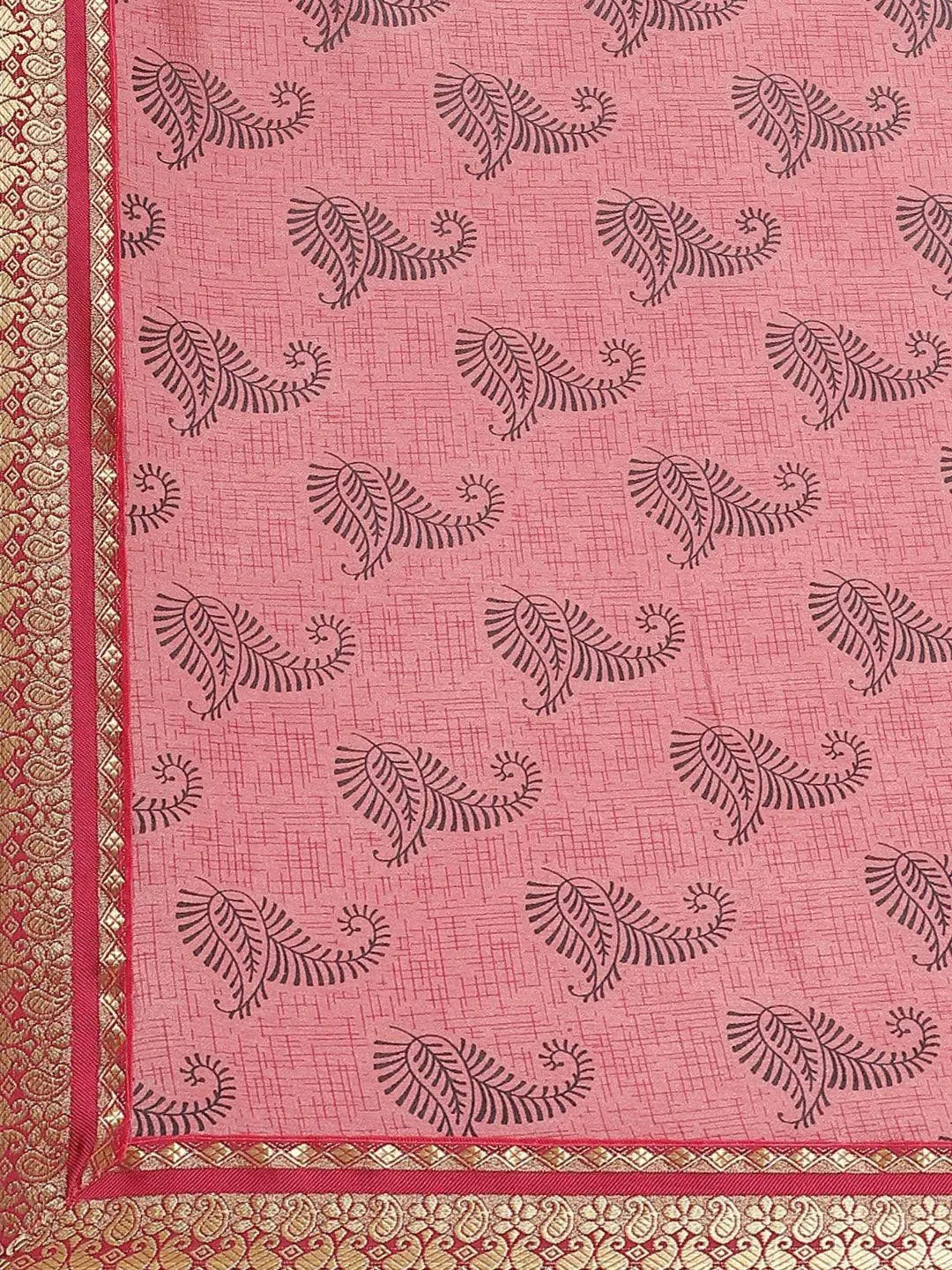 Pink Printed Silk Blend Saree - Libas 
