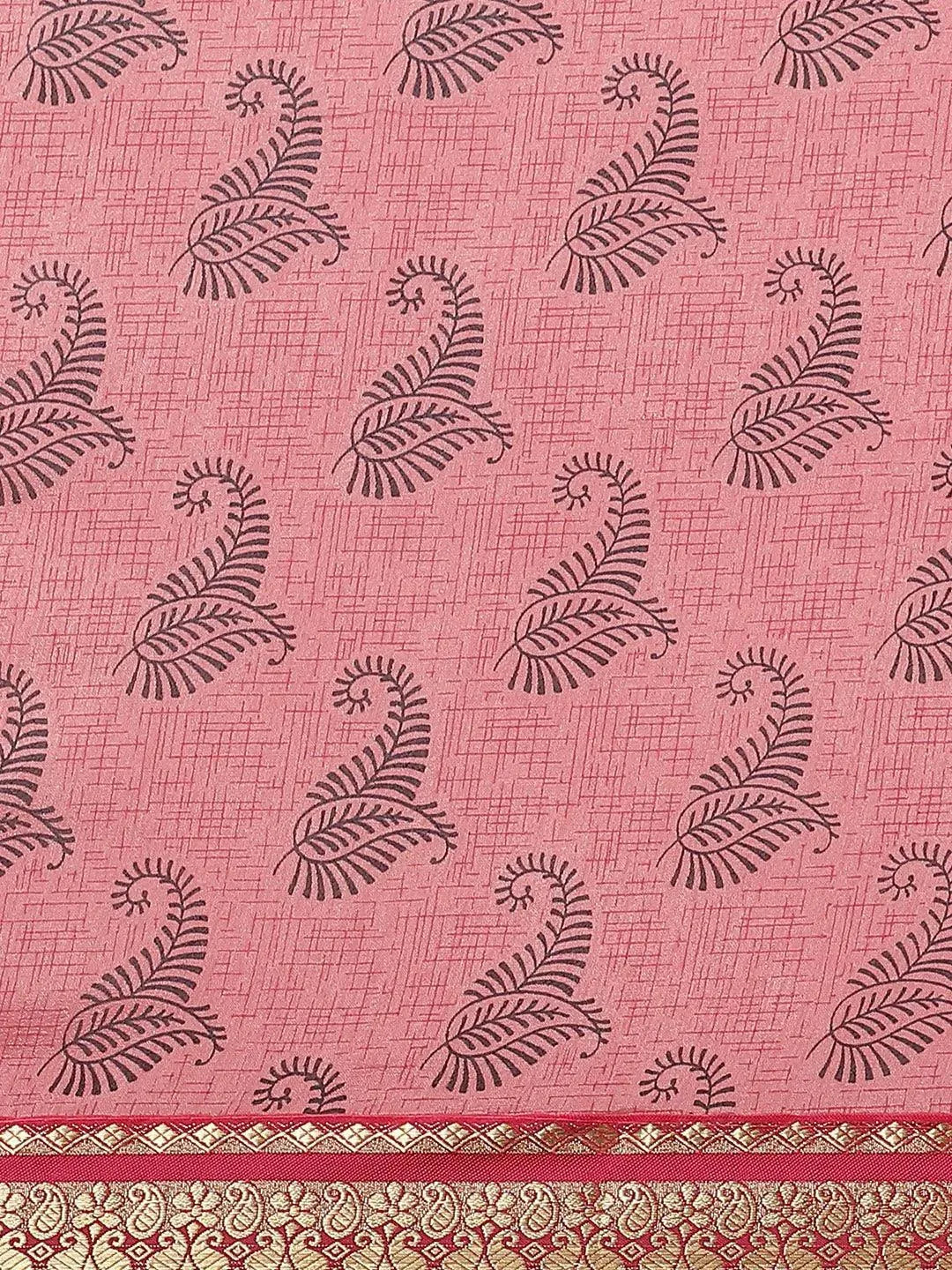 Pink Printed Silk Blend Saree - Libas 