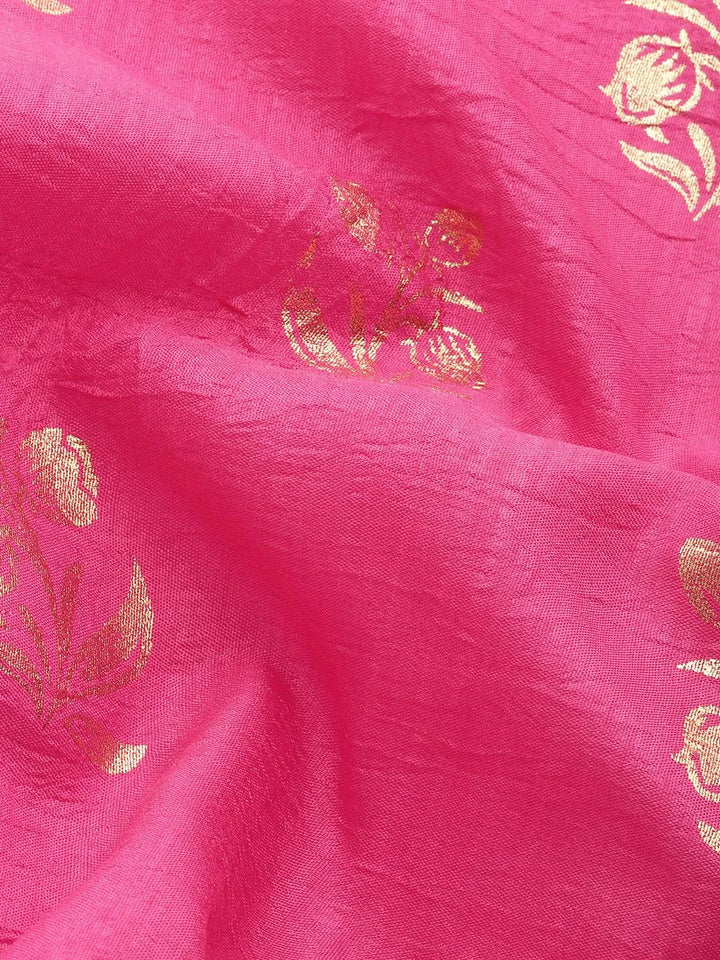 Pink Printed Silk Blend Saree - Libas