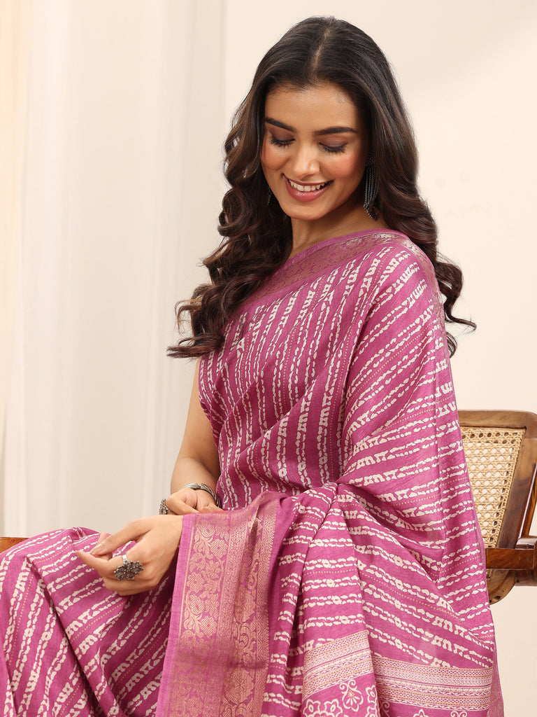 Libas Pink Printed Silk Blend Saree With Unstitched Blouse Piece
