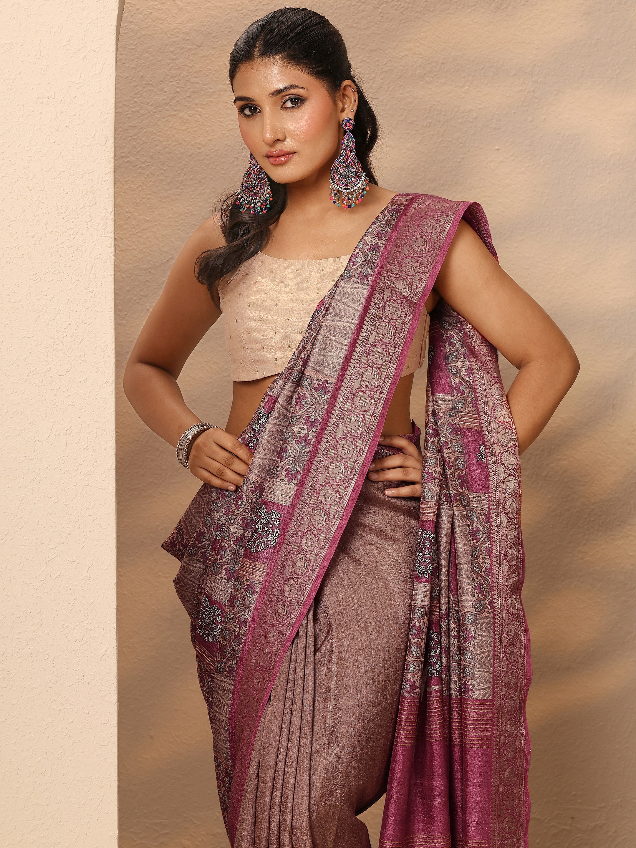 libas Pink Printed Silk Blend Saree With Unstitched Blouse Piece-picture-40