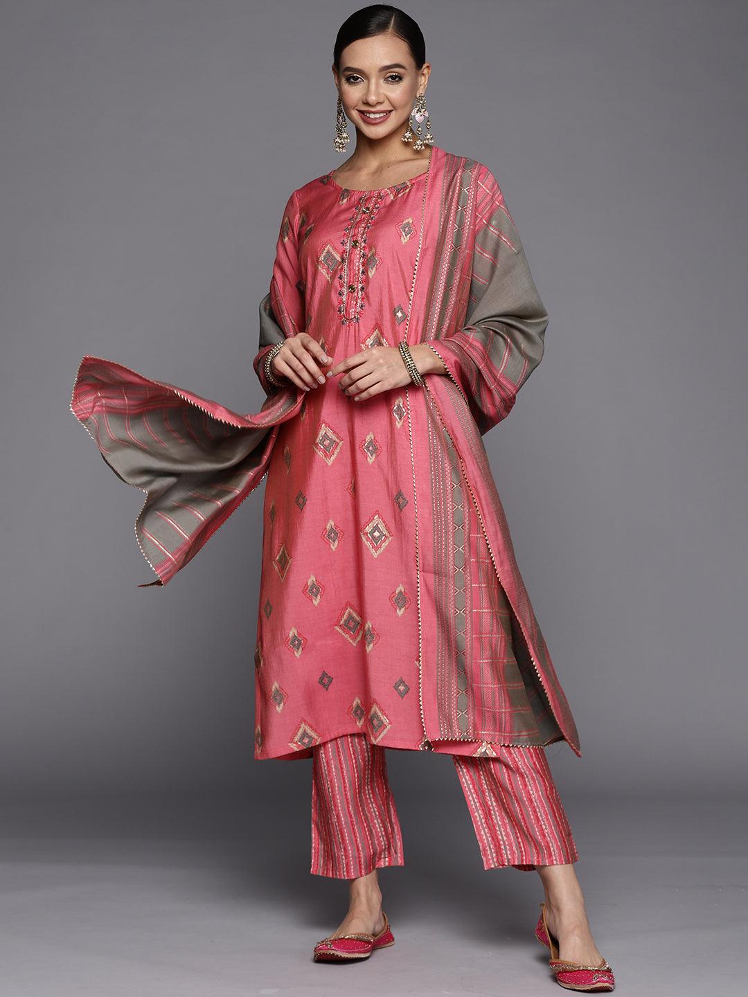 Pink Printed Silk Blend Straight Suit Set - Libas