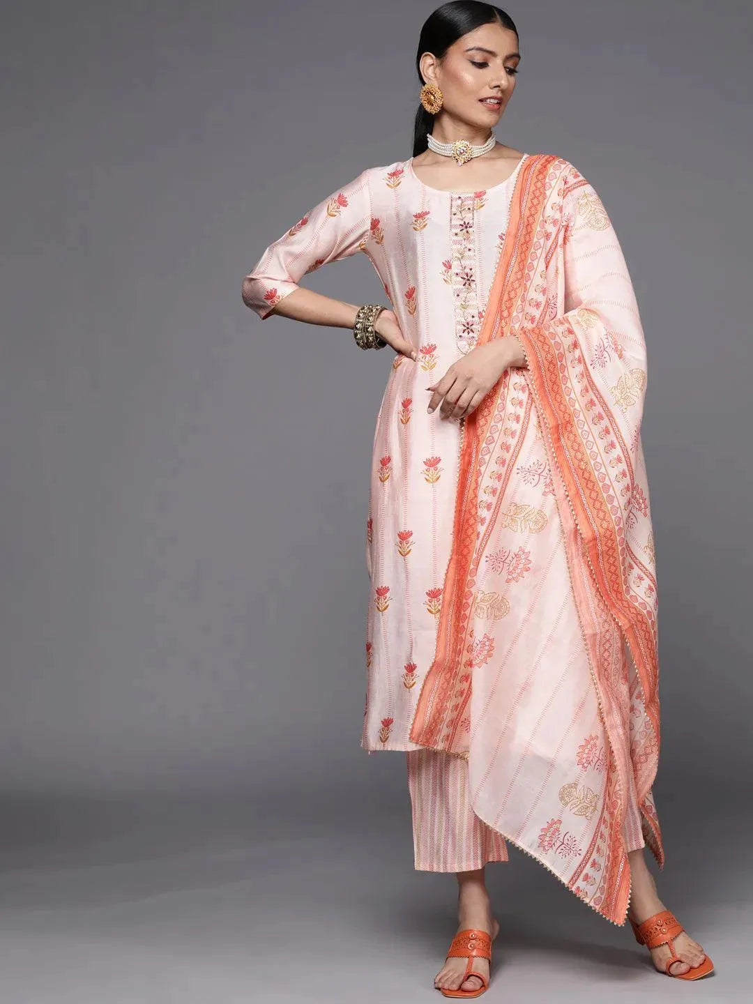 Pink Printed Silk Blend Straight Suit Set - Libas