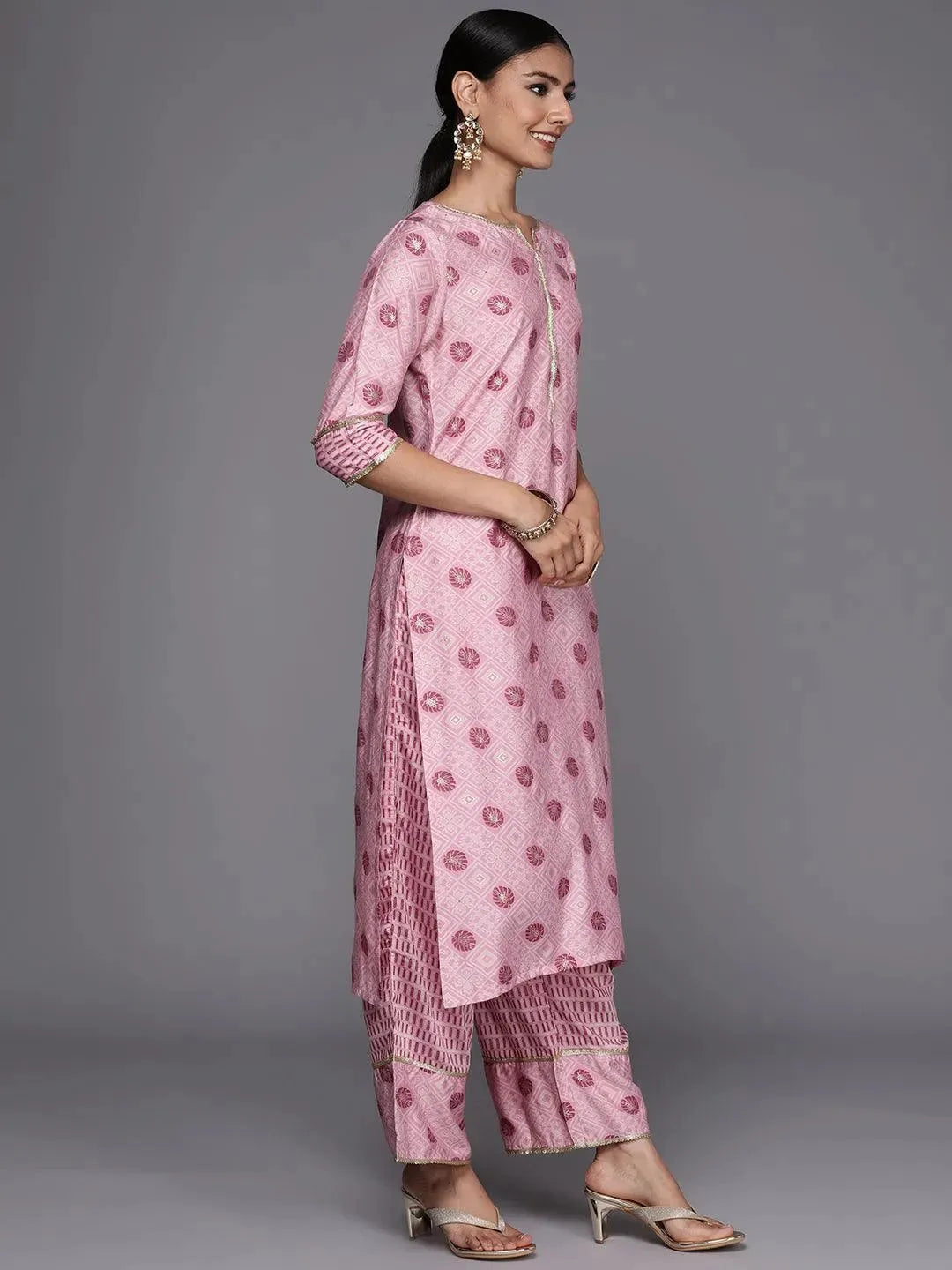 Pink Printed Silk Blend Straight Suit Set - Libas