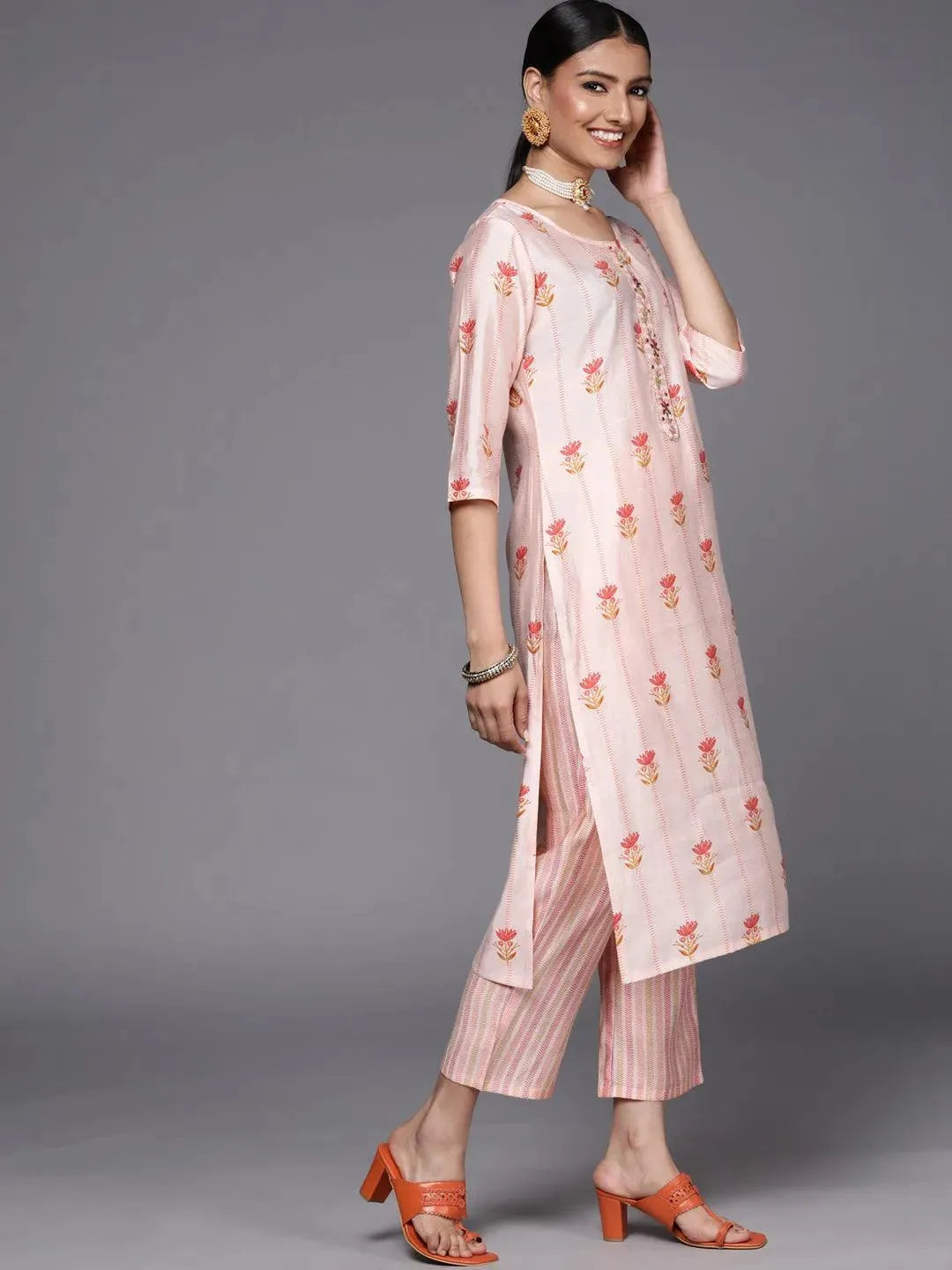 Pink Printed Silk Blend Straight Suit Set - Libas