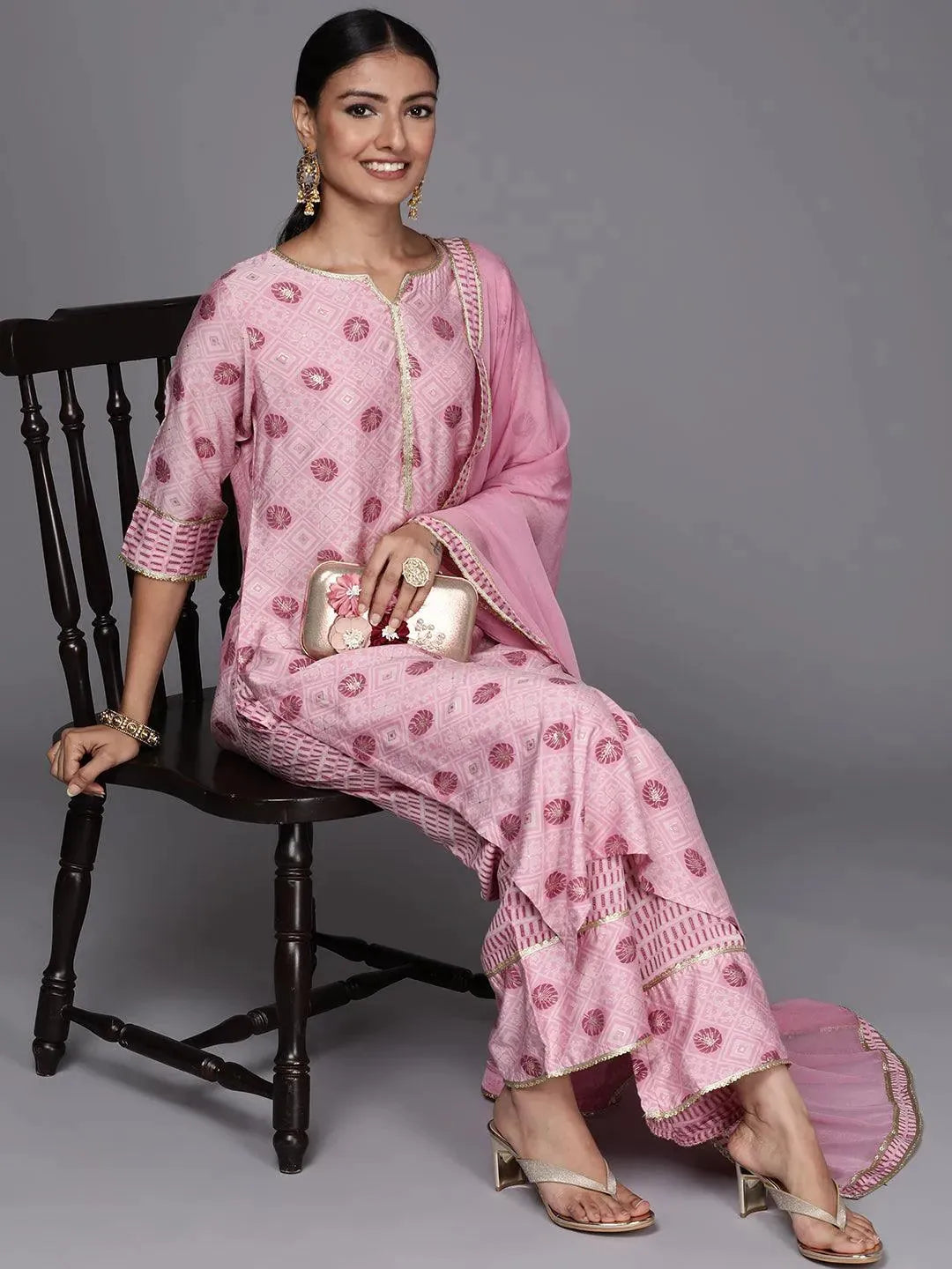 Pink Printed Silk Blend Straight Suit Set - Libas 