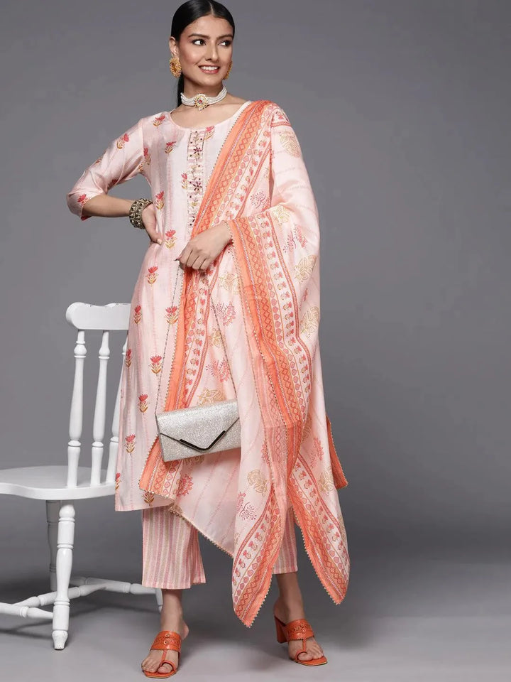 Pink Printed Silk Blend Straight Suit Set - Libas