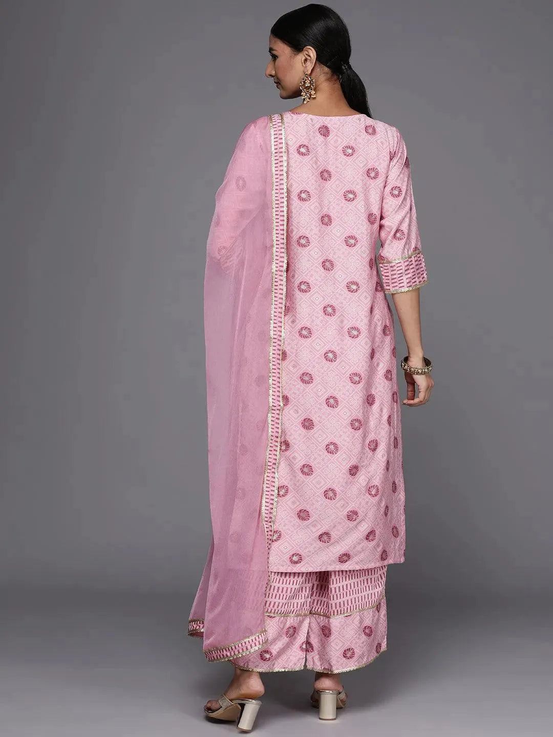 Pink Printed Silk Blend Straight Suit Set - Libas