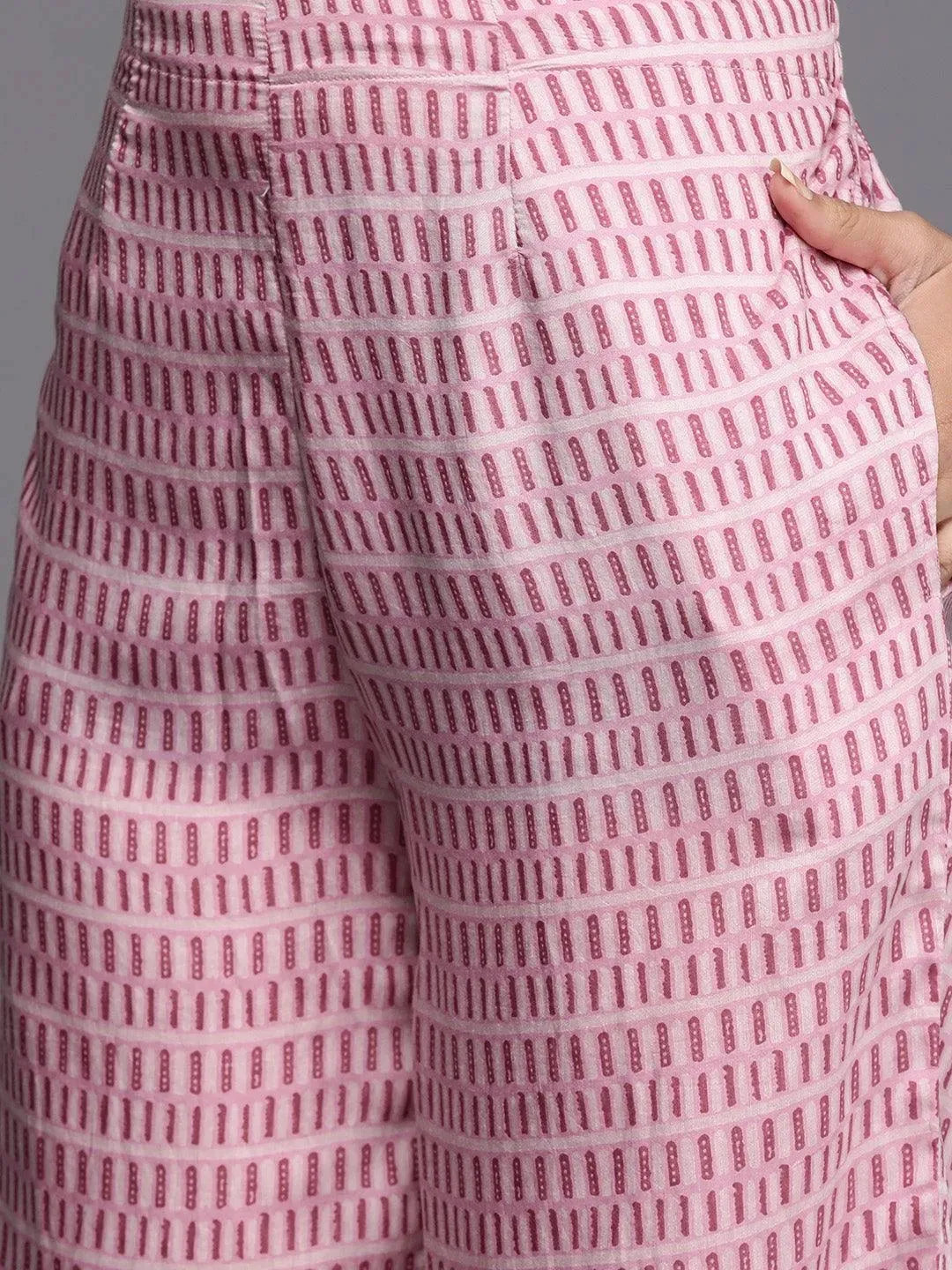 Pink Printed Silk Blend Straight Suit Set - Libas 