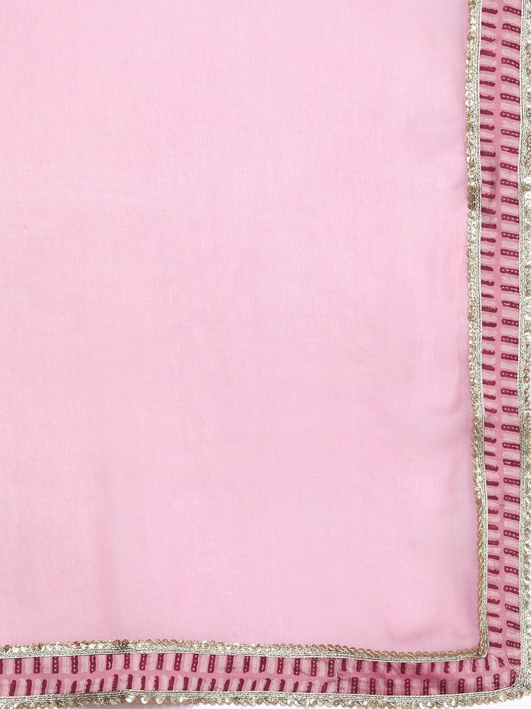 Pink Printed Silk Blend Straight Kurta With Palazzos & Dupatta