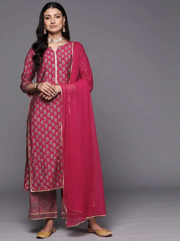 Libas Pink Printed Silk Blend Straight Kurta With Palazzos & Dupatta