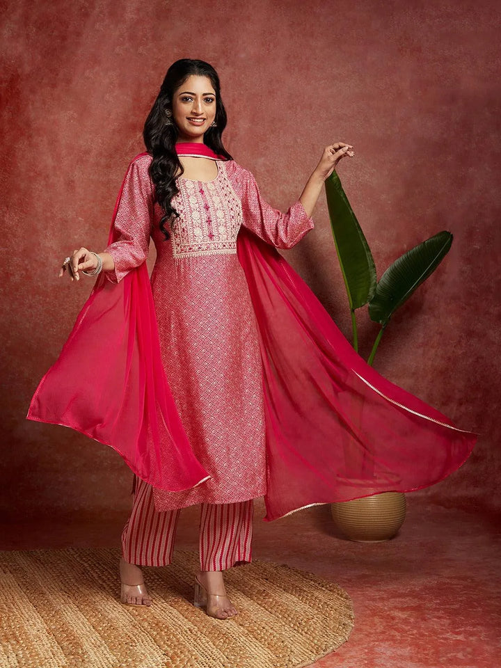 Pink Printed Silk Blend Straight Kurta With Palazzos & Dupatta - Libas