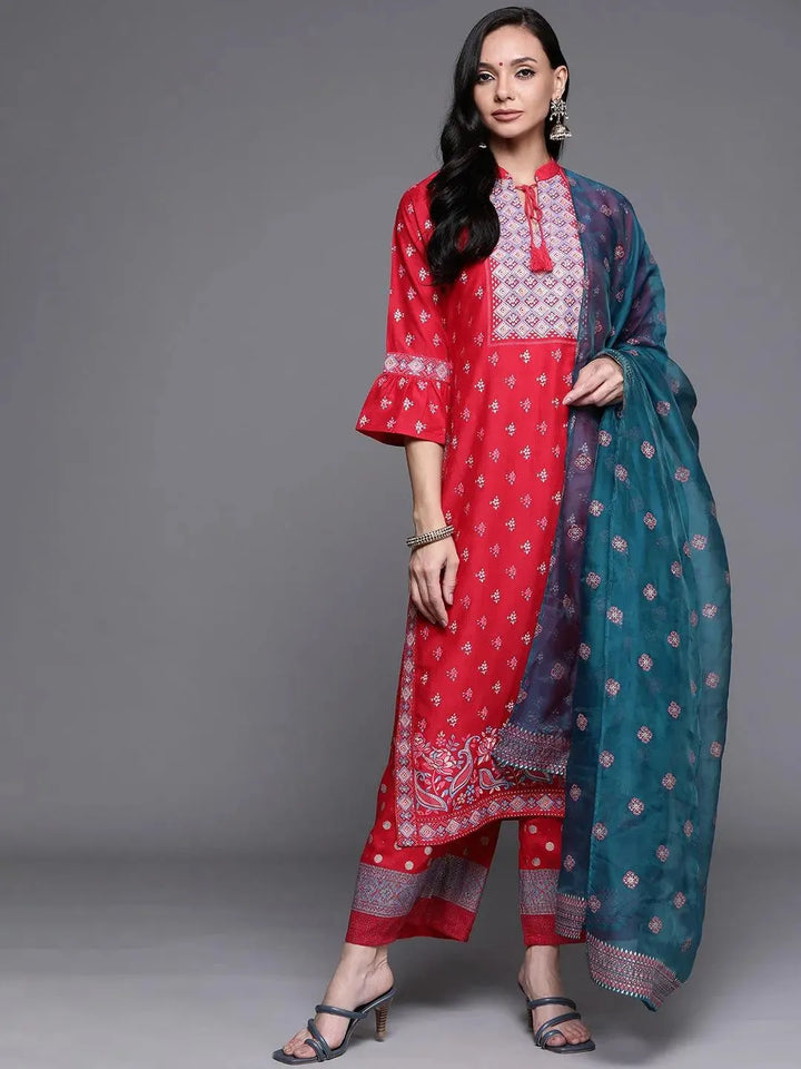 Pink Printed Silk Blend Suit Set - Libas