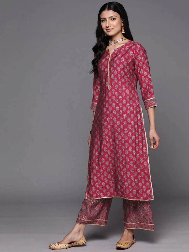 Pink Printed Silk Blend Straight Suit Set With Palazzos - Libas