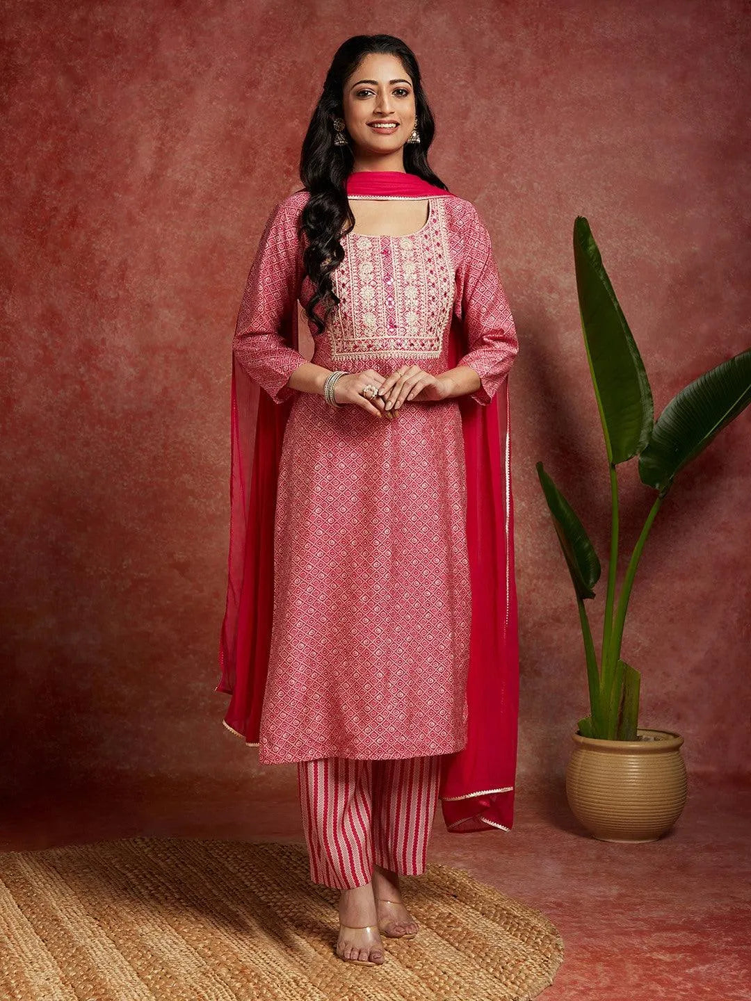 Pink Printed Silk Blend Straight Kurta With Palazzos & Dupatta - Libas 