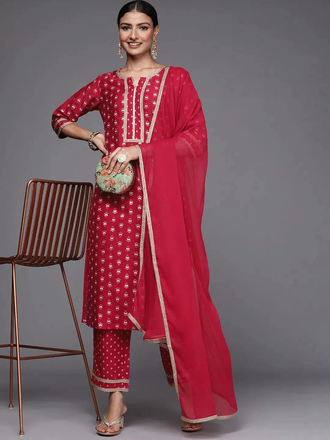 Pink Printed Silk Blend Suit Set - Libas 